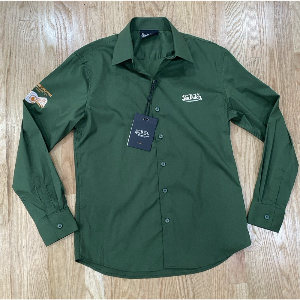 Von Dutch Originals Men's S Cotton Button-Up Shirt Green Long Sleeve Y2K Urban